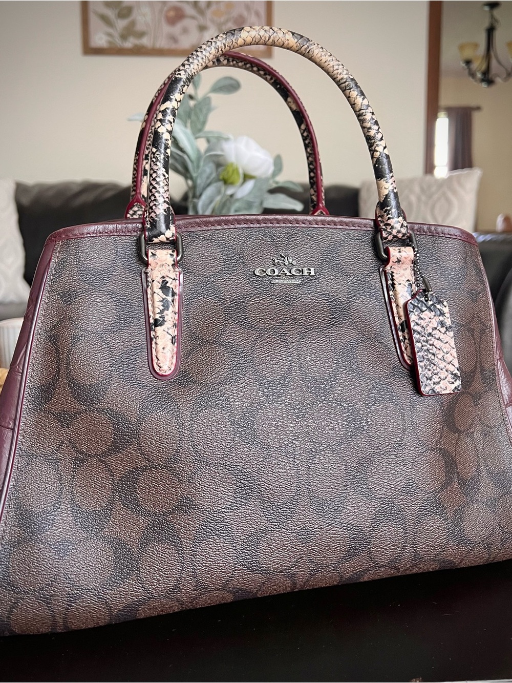 COACH MARGOT Embossed Snake Leather Signature Satchel Dark Brown/Burgundy - Picture 2 of 16
